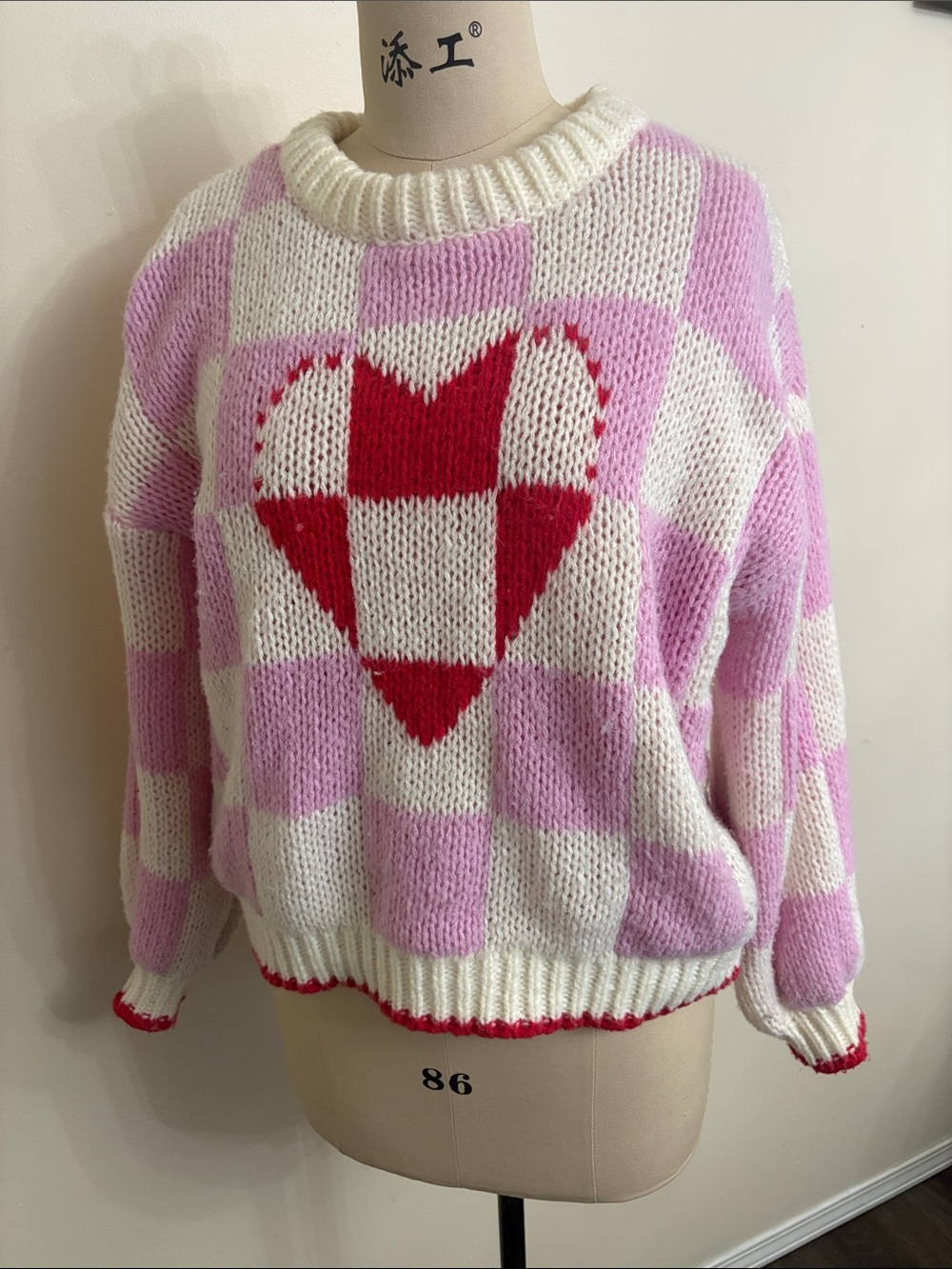 Pink & White Checker Heart Sweater with Red Accent